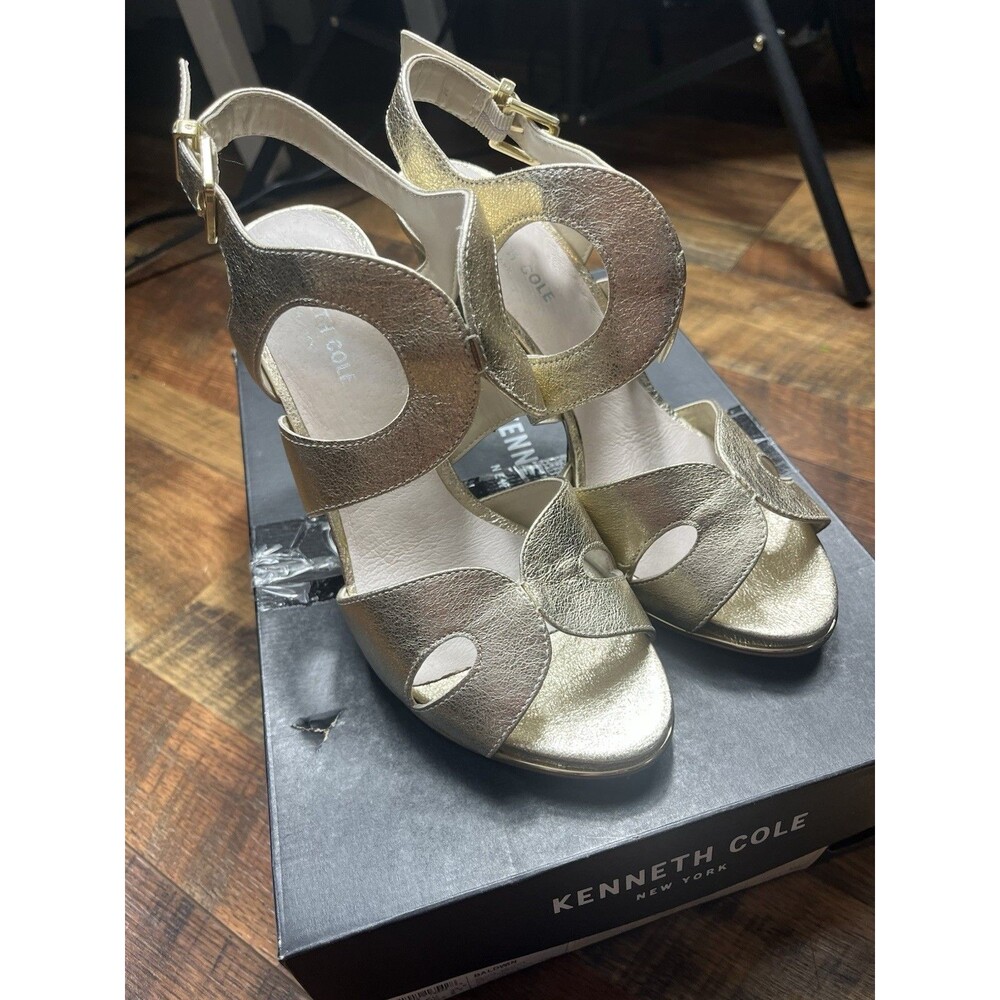 Kenneth Cole New York Baldwin Gold Leather Strappy Heels Sandals Womens 8.5M